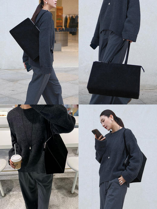 HIDEMI 进口麂皮极简几何设计感肩带多背式公文包 深摩卡棕/黑色 商品图2