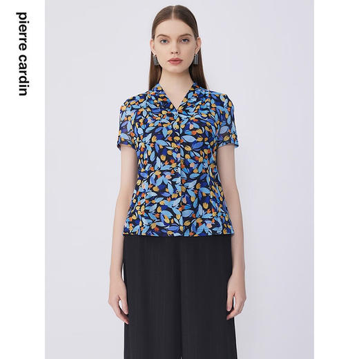 皮尔卡丹女装衬衫法式浪漫印花短袖淑女气质内搭衬衣P2208A2021L3
 商品图0