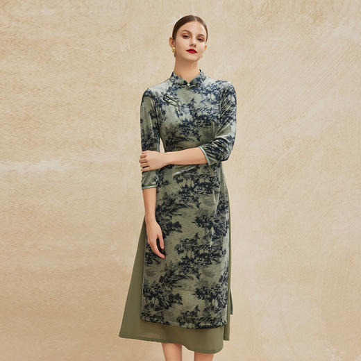 PH806斯尔丽24新款改良版丝绒印花旗袍高开叉拼飘逸雪纺气质高雅连衣裙 商品图0