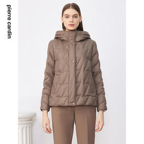 皮尔卡丹女装羽绒服咖色菱形格状百搭连帽保暖上衣P3493Y3401K1
