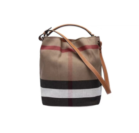 Burberry博柏利经典格纹可调节肩带 织物拼皮革水桶包子母包手提斜挎单肩包 中号 女款 黄棕色/黄褐色