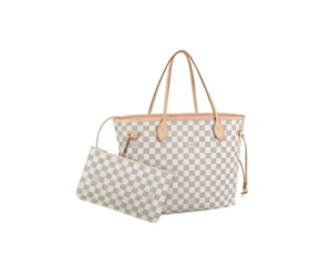 LOUIS VUITTON NEVERFULL MM 棋盘格粉色内里 涂层帆布牛皮 托特包Tote包购物袋子母包手提单肩包 中号 女款白色