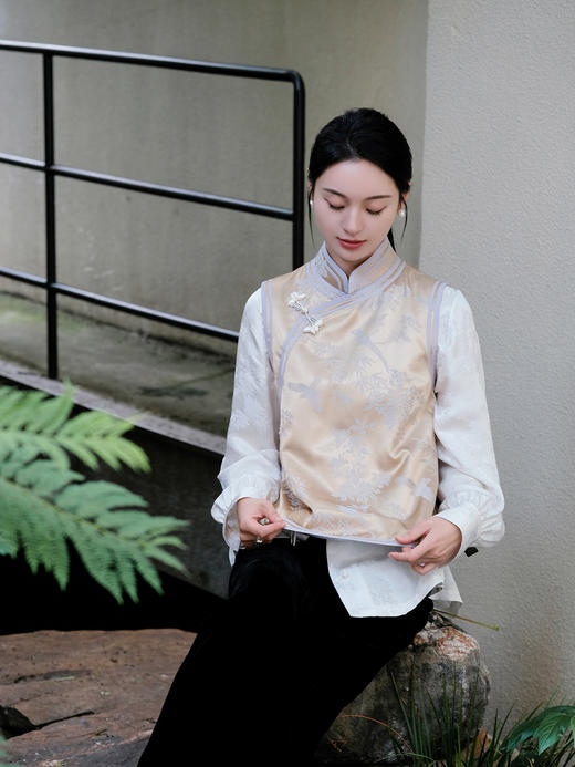 盛唐牡丹|喜上眉梢真丝偏襟马甲(夹棉) 商品图1