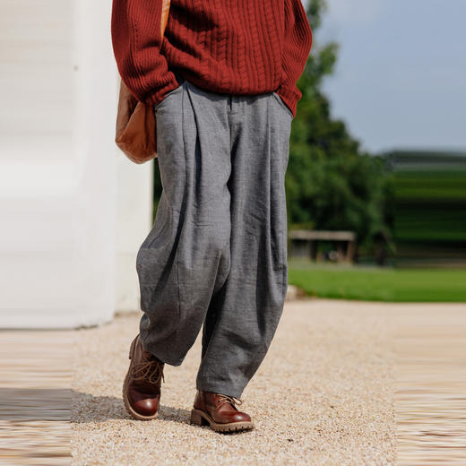 绽放353朵/冬季亚麻羊毛斜纹长款香蕉库宽松弯刀裤型保暖休闲裤 商品图0