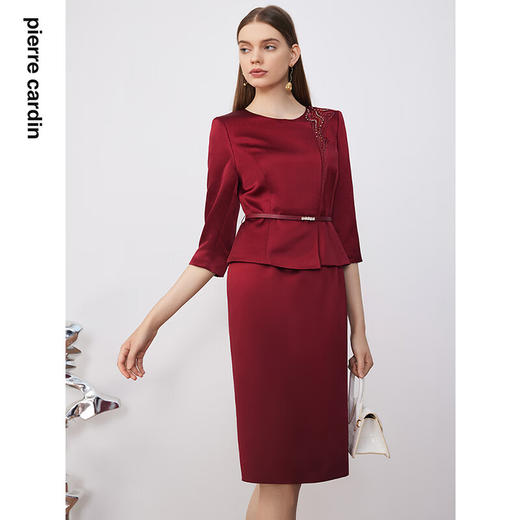 皮尔卡丹女装连衣裙红色假两件醋酸高级感礼服裙P3300E3823T0
 商品图4