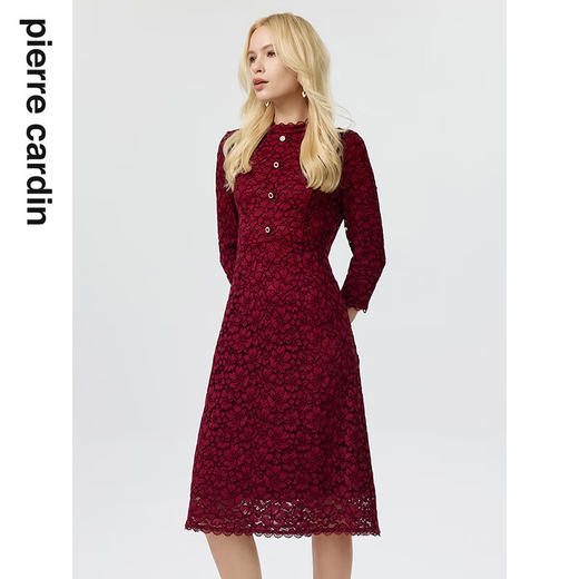 皮尔卡丹女装连衣裙蕾丝酒红色花边领宴会A摆轻礼服P3323E3863T0
 商品图1