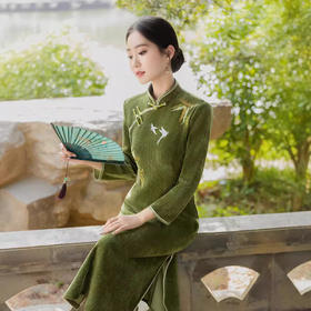 2024秋季新款绿色竹叶修身秋冬气质旗袍YMR
