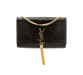 SAINT LAURENT圣罗兰 YSL KATE 金标Logo链条鳄鱼纹压印 亮面牛皮革 流苏包单肩斜挎包 中号女款 黑色