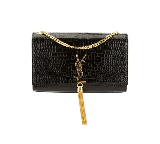 SAINT LAURENT圣罗兰 YSL KATE 金标Logo链条鳄鱼纹压印 亮面牛皮革 流苏包单肩斜挎包 中号女款 黑色 商品图0