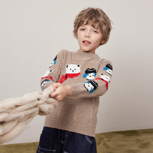 mettekids儿童100%羊绒衫2024冬季男童萌趣小熊毛衣半高领针织衫 商品图1
