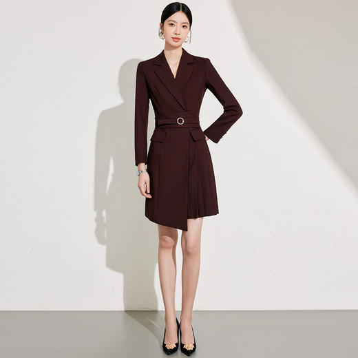 IWY/春秋款长袖安可拉红平驳领连衣裙气质时尚*通勤干练职业工装裙24Q629 商品图1