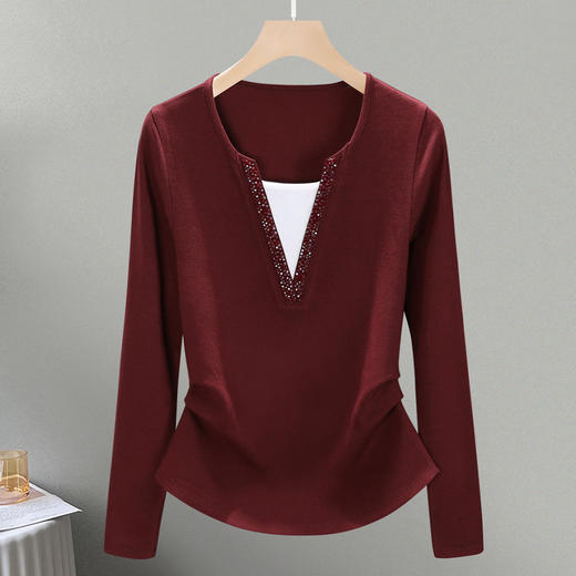 丁摩 品质安可拉红色系女士假两件打底衫优雅叠穿内搭女钉珠上衣4ZF-R6843 商品图3