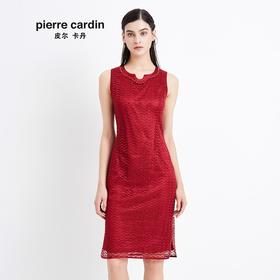 皮尔卡丹女装季新款红色无袖圆领连衣裙气质时尚A字裙女
