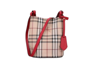 Burberry博柏利英伦学院风经典格纹战马印花牛皮水桶包单肩斜挎包 女款 红色