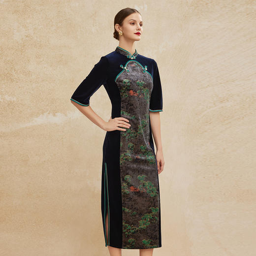 PH802斯尔丽斯尔丽2024秋冬新款丝绒改良旗袍精致奢华宴会拼色连衣裙 商品图2