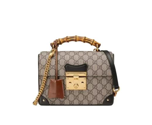 GUCCl古驰 Padlock 金属锁头锁扣老花Logo竹节手柄链条 帆布拼皮 盒子包斜挎手提包单肩包 小号 女款 米乌木色 商品图0