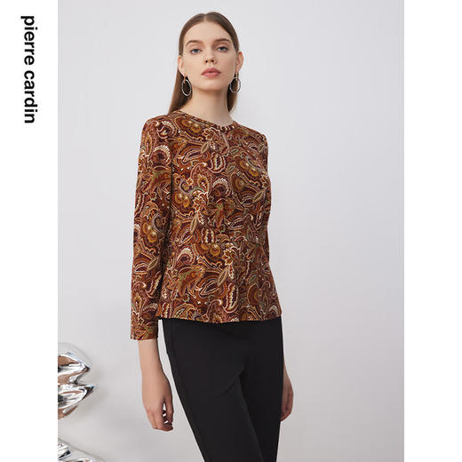 皮尔卡丹女装衬衫长袖复古印花羊毛打底通勤套头衫P3428B3980K3
 商品图3