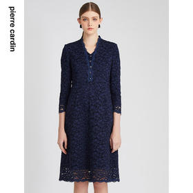 皮尔卡丹女装连衣裙蕾丝拼接淑女长款七分袖通勤裙子P2323E2940N0
