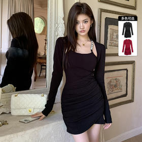 西遇短款假两件连衣裙女冬季新款不规则设计感修身显瘦短裙SS141284