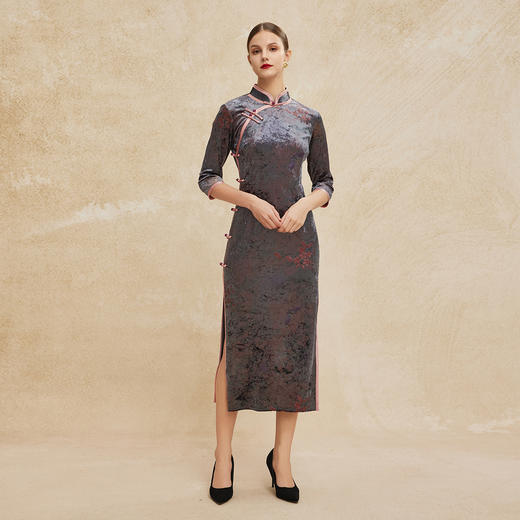 PH807斯尔丽24秋冬新款改良版弹力丝绒拼色镶边斜门襟气质款宴会连衣裙 商品图4