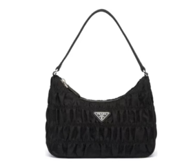 PRADA普拉达 尼龙和Saffiano皮革Hobo 褶皱手提包 迷你黑色