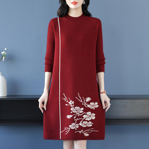 CC-16-9205秋冬洋气中长款过膝宽松针织打底衫女士大码遮肚子印花连衣裙 商品图0