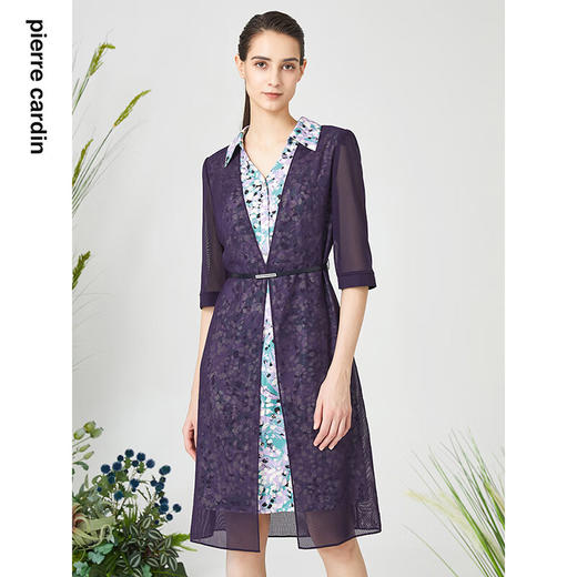 皮尔卡丹女装连衣裙衬衫V领短袖假两件通勤淑女裙子P3215D3075Z3
 商品图0