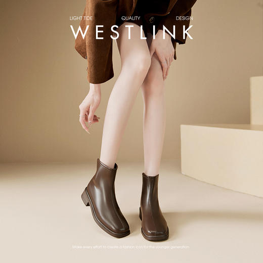 西遇方头短靴女冬季加绒新款韩系小踝靴黑色平底弹力瘦瘦靴子D0047814 商品图1