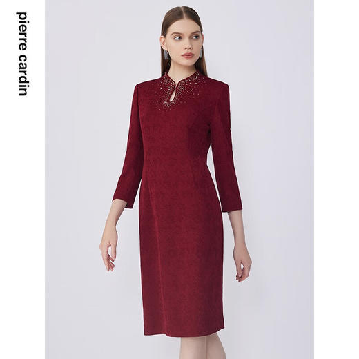 皮尔卡丹女装连衣裙醋酸旗袍领修身端庄场合宴会A字裙P0315DL05T3 商品图2