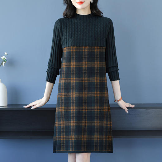 CC-16-9209半高领加厚女套头拼接格子宽松打底衫秋冬季中长款大码连衣裙 商品图2