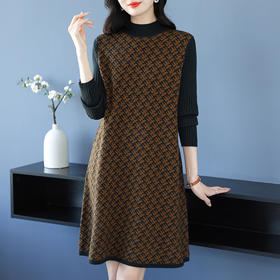 CC-16-9211秋冬提花中长款连衣裙女大码过膝配大衣针织打底毛衣裙
