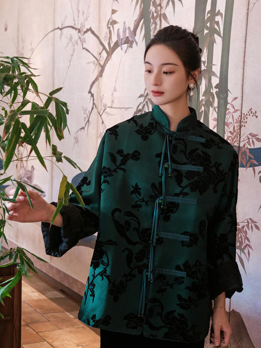 盛唐牡丹|墨绿色富贵牡丹漳缎外套 商品图4