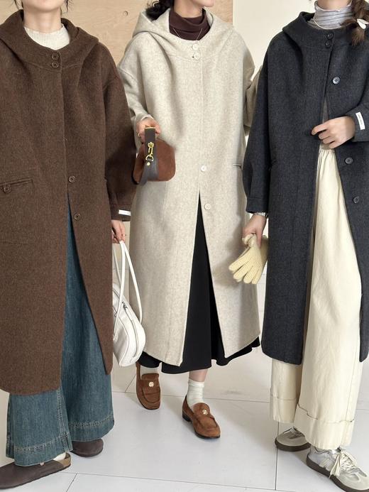 【YW】无忧购韩系简约休闲连帽双面羊毛大衣女宽松过膝外套9817（截单后7天发货)25年清仓捡漏 商品图1