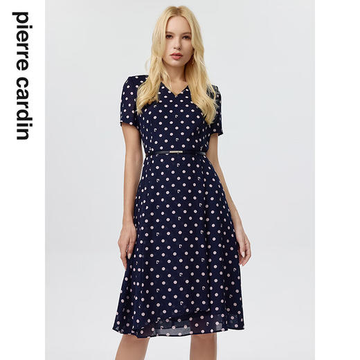 皮尔卡丹女装连衣裙藏蓝色V领波点收腰短袖碎花裙P3233D3148N3
 商品图2