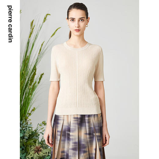 皮尔卡丹女装针织衫法式短袖米色百搭通勤套头针织衫P3199K3114M0
 商品图0