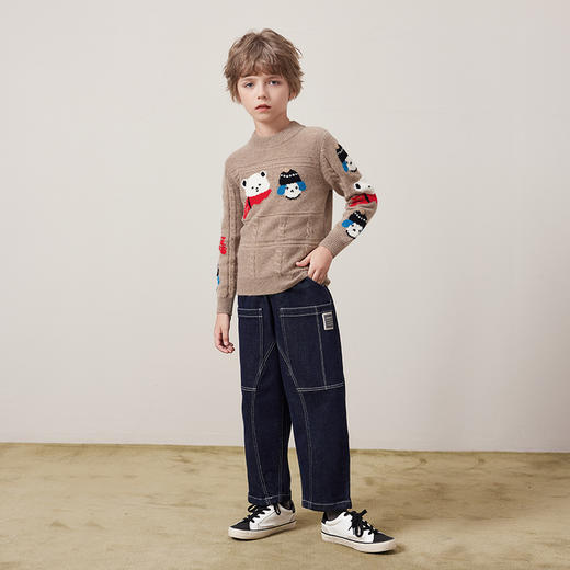 mettekids儿童100%羊绒衫2024冬季男童萌趣小熊毛衣半高领针织衫 商品图4
