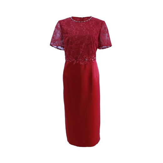 皮尔卡丹女装连衣裙夏季新款短袖蕾丝拼接红色包臀裙P3223D3073R0
 商品图0