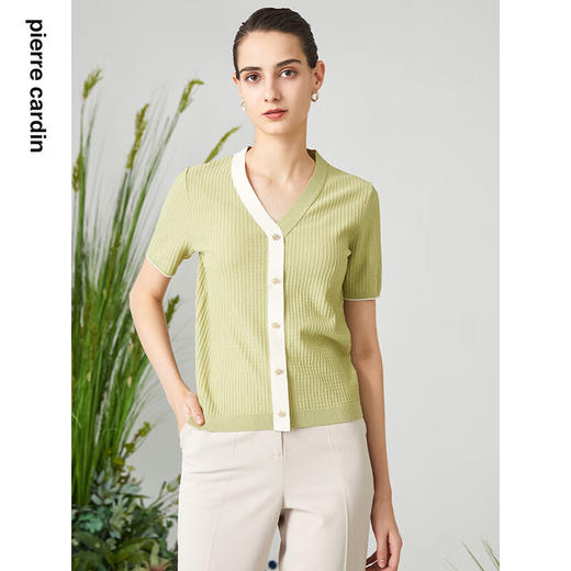 皮尔卡丹女装针织衫短袖华夫格气质通勤百搭针织开衫P3299K3252G1
 商品图1