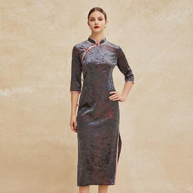 PH807斯尔丽24秋冬新款改良版弹力丝绒拼色镶边斜门襟气质款宴会连衣裙