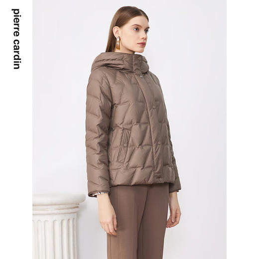 皮尔卡丹女装羽绒服咖色菱形格状百搭连帽保暖上衣P3493Y3401K1
 商品图1
