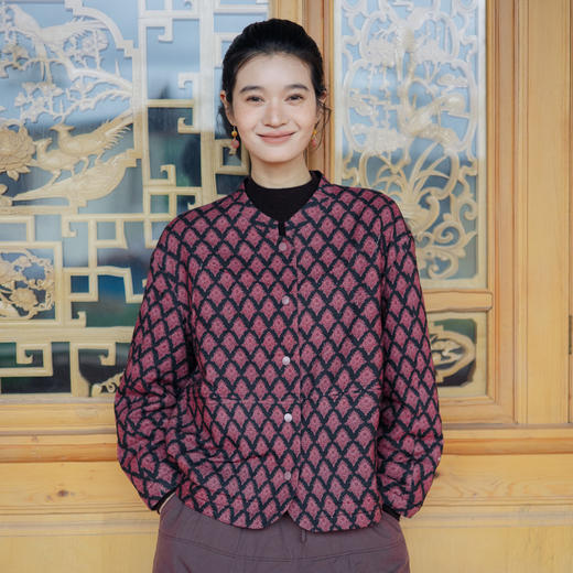 绽放787朵/秋冬亚麻棉磨毛菱形印花棉服棉针织绗棉落肩袖短外套 商品图0