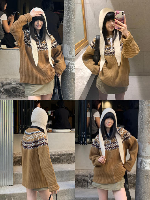 HIDEMI 澳洲进口美利奴羊毛手绘复古费尔岛提花多股粗砂纱加厚款毛衣大外套/针织毛线帽套装 卡其色\灰色 商品图4