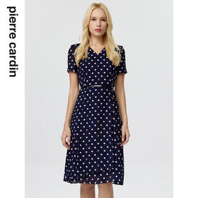 皮尔卡丹女装连衣裙藏蓝色V领波点收腰短袖碎花裙P3233D3148N3
