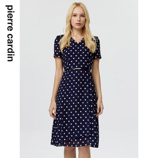 皮尔卡丹女装连衣裙藏蓝色V领波点收腰短袖碎花裙P3233D3148N3
 商品图0