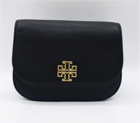 TORY BURCH Britten 金色图案徽标Logo翻盖皮革 马鞍包单肩斜挎包 黑色