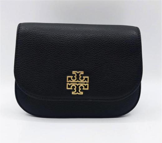 TORY BURCH Britten 金色图案徽标Logo翻盖皮革 马鞍包单肩斜挎包 黑色 商品图0