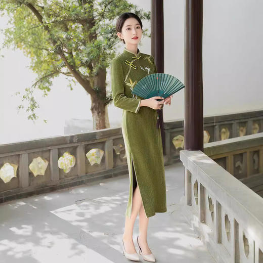 2024秋季新款绿色竹叶修身秋冬气质旗袍YMR 商品图4
