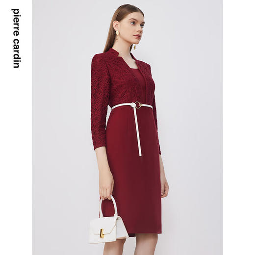 皮尔卡丹女装淑女蕾丝拼接毛呢通勤复古修身连衣裙P3318E3830T0 商品图1