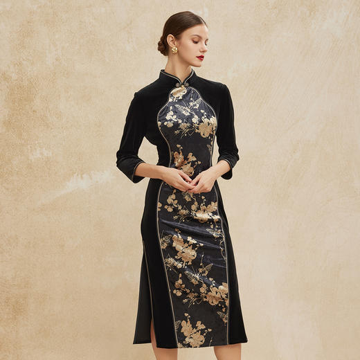 PH805斯尔丽24新款弹力丝绒拼丝绒印花出芽包边宴会气质佳长袖连衣裙 商品图2