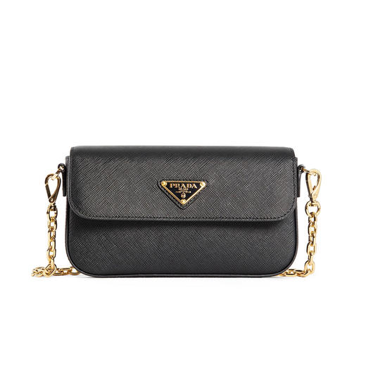PRADA 普拉达 女士 Saffiano皮革 珐琅金属三角形徽标迷你单肩包 黑色 1BD356 NZV F0002 OOO 商品图0